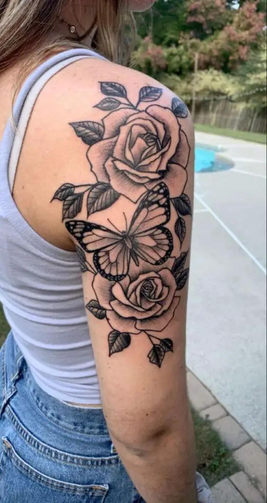 Rose and butterfly realism on the thigh Hon tattoo  Rose tattoos for  women Butterfly tattoos for women Tattoos for daughters