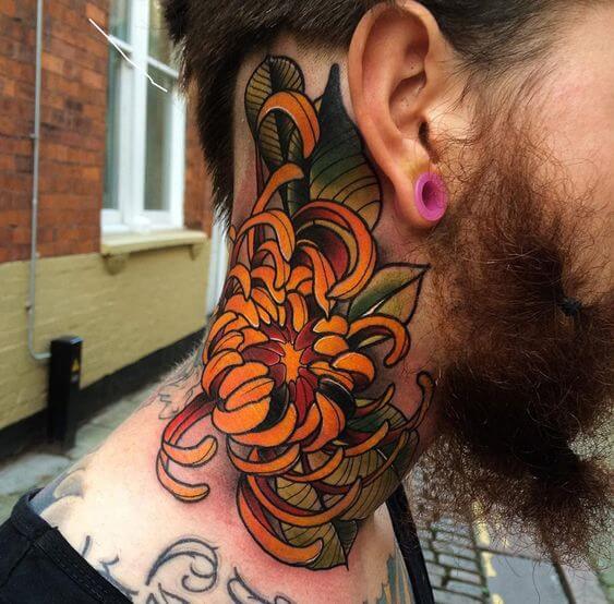Chrysanthemum Tattoo On The Neck For Men
