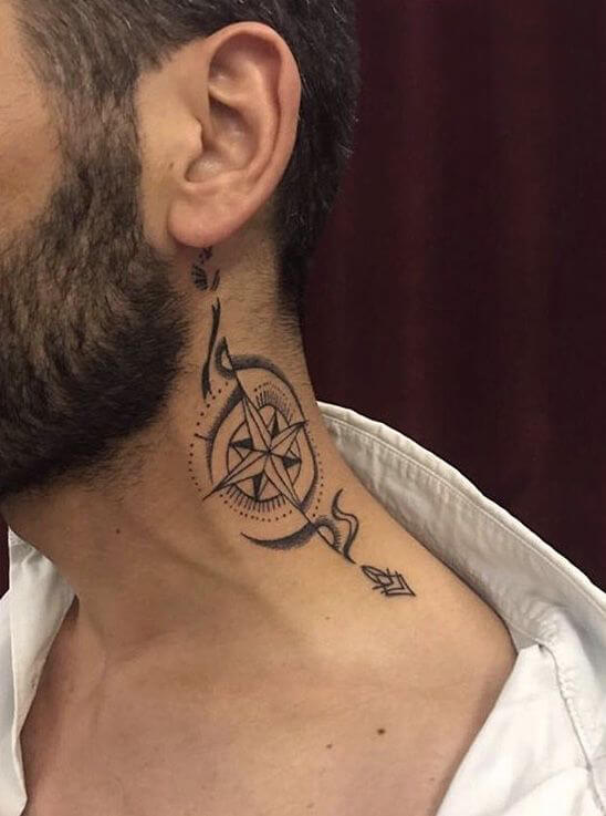 Compass Tattoo On The Neck For Men