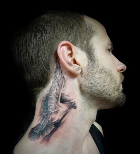Dove Flying Tattoo On The Neck For Men