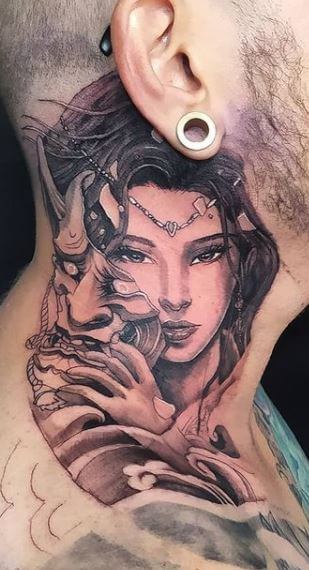 Geisha Tattoos On The Neck For Men