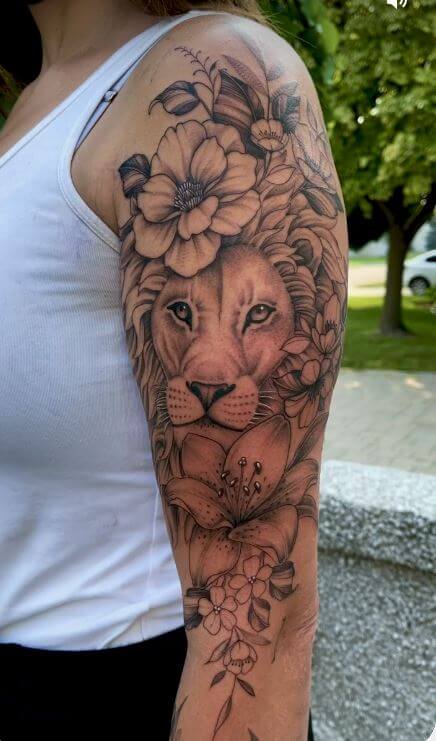 Half Lion Half Flower Tattoo