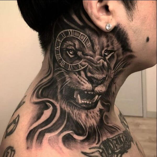 Lion Tattoo On The Neck For Men