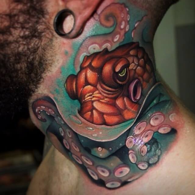 Octopus Tattoos On The Neck For Men