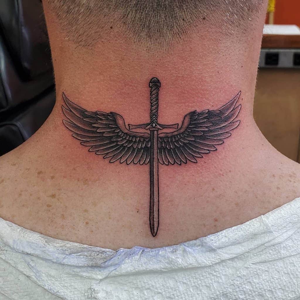 Sword Tattoo On The Neck For Men