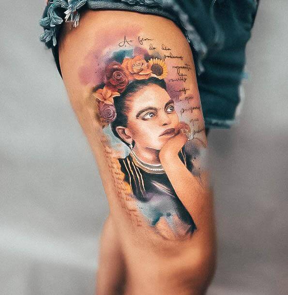 Frida Kahlo Tattoo on Thigh 10 80+ Famous Frida Kahlo Tattoo Designs (Inspirational, Meaningful And Meaningless)