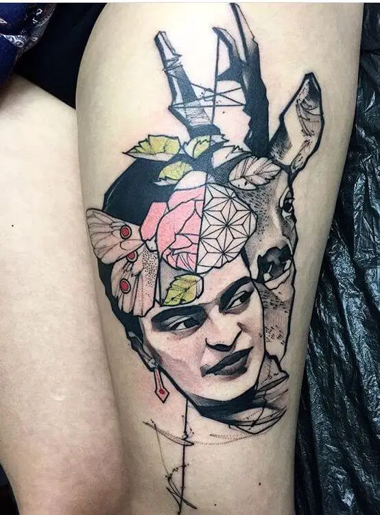 Frida Kahlo Tattoo on Thigh 2 1 80+ Famous Frida Kahlo Tattoo Designs (Inspirational, Meaningful And Meaningless)