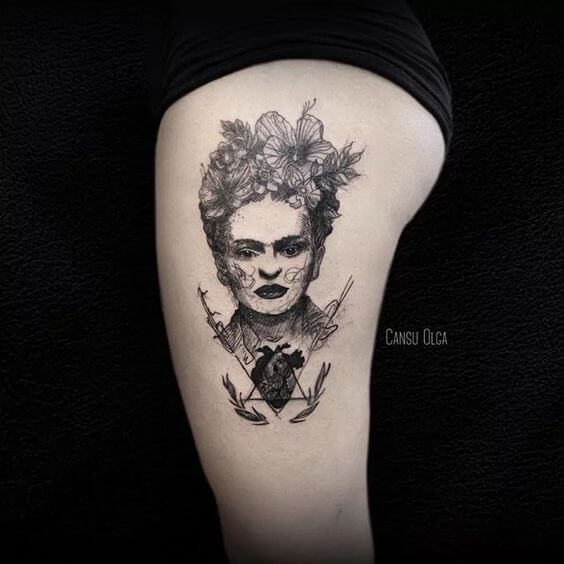 Frida Kahlo Tattoo on Thigh 3 1 80+ Famous Frida Kahlo Tattoo Designs (Inspirational, Meaningful And Meaningless)