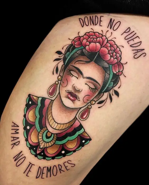 Frida Kahlo Tattoo on Thigh 5 80+ Famous Frida Kahlo Tattoo Designs (Inspirational, Meaningful And Meaningless)