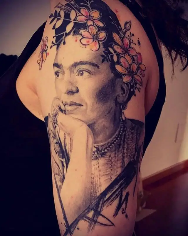 Frida Kahlos Realistic Tattoo 11 80+ Famous Frida Kahlo Tattoo Designs (Inspirational, Meaningful And Meaningless)