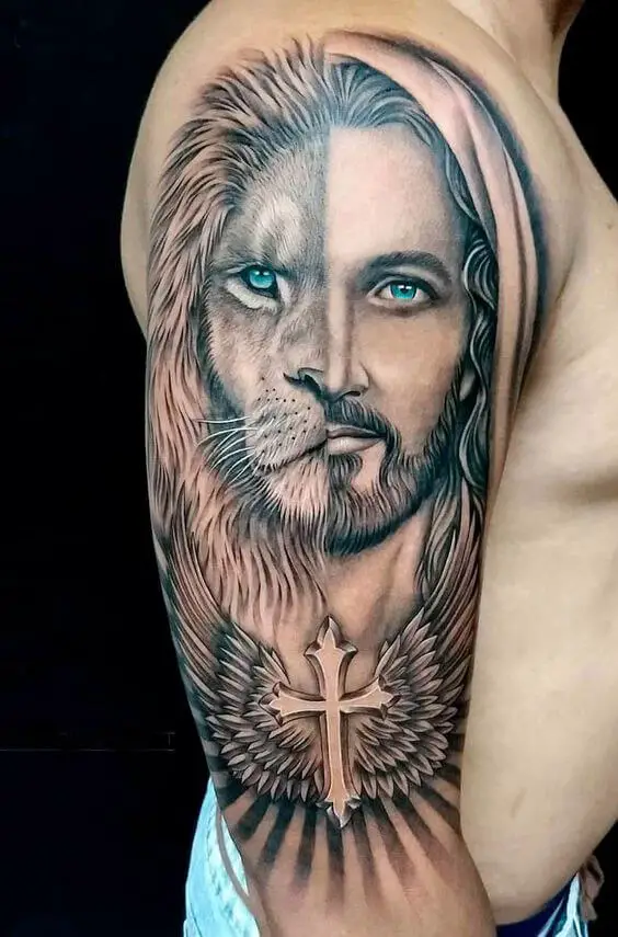 Half Lion Half Jesus Tattoo 10 26 Beautiful Jesus Tattoo Ideas for Men in 2022