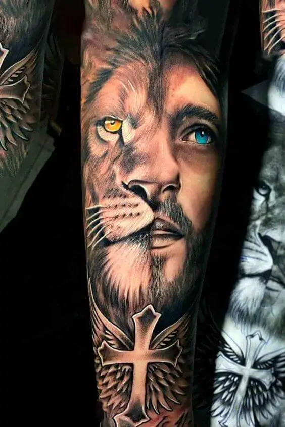 Half Lion Half Jesus Tattoo 5 26 Beautiful Jesus Tattoo Ideas for Men in 2022