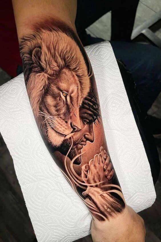 Half Lion Half Jesus Tattoo 7 26 Beautiful Jesus Tattoo Ideas for Men in 2022