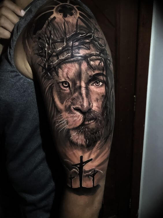 Half Lion Half Jesus Tattoo 8 26 Beautiful Jesus Tattoo Ideas for Men in 2022