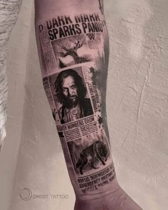 The tattoo of Sirius Blacks portrait on the Hogwarts newspaper Sirius Black's Tattoos: Everything You Need to Know (A Complete Guide)