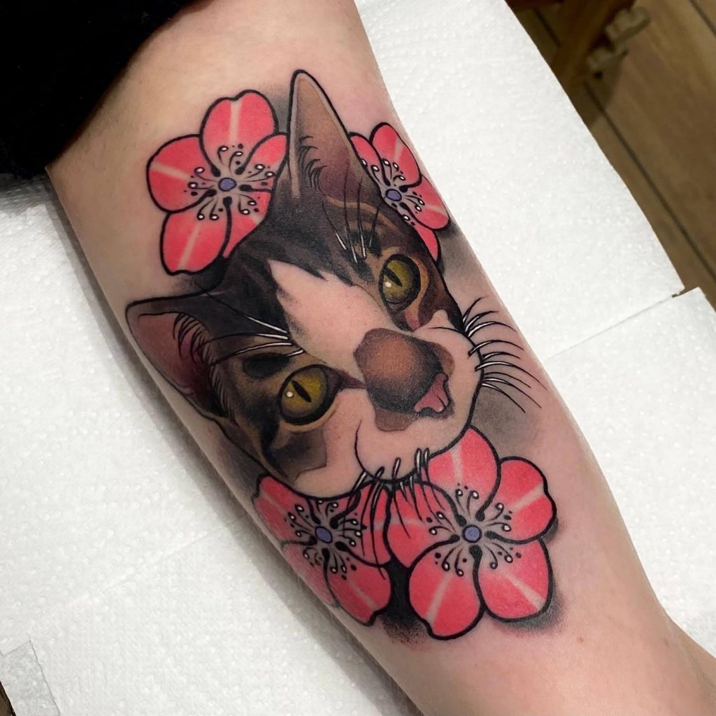 Neo Traditional Cat Cherry Blossom Hand Tattoo 2 30 Amazing Hand Tattoos For Women (The Most Popular & Latest Trends in 2023)