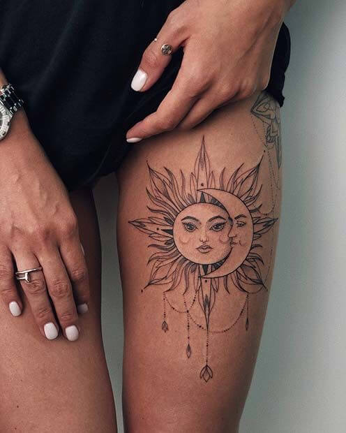 Sun And Moon Thigh Tattoos 2 26+ Best Thigh Tattoos for Women in 2023