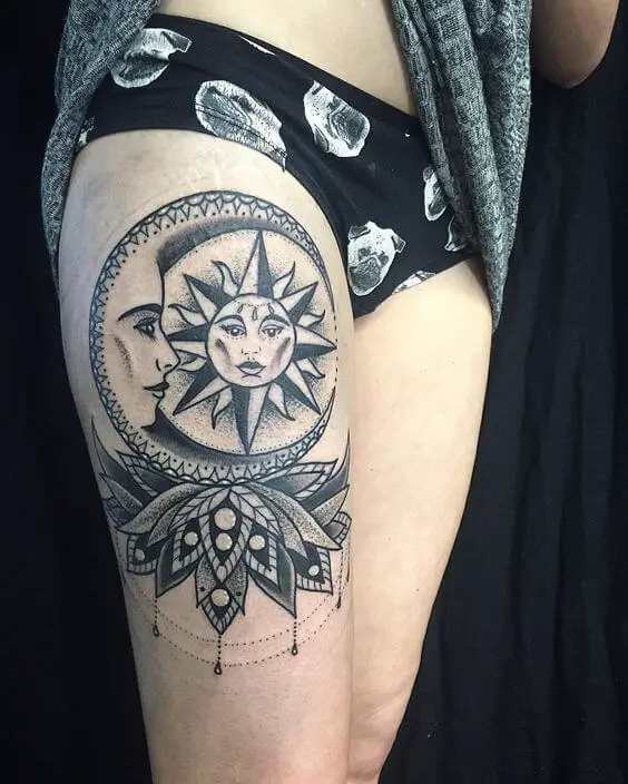Sun And Moon Thigh Tattoos 4 26+ Best Thigh Tattoos for Women in 2023