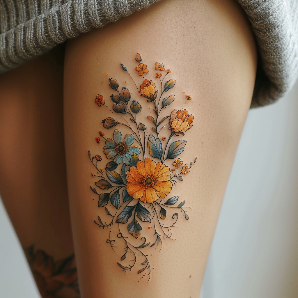 1. Floral tattoos above the knee 1 10 Stunning Above Knee Tattoo Designs to Flaunt in 2024