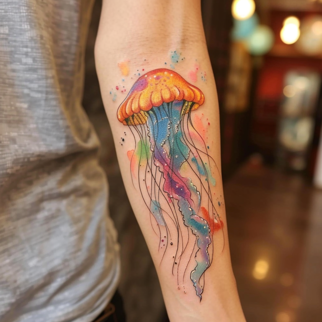 1. Watercolor Jellyfish Tattoos 1 10 Stunning Jellyfish Tattoo Designs to Electrify Your Look in 2024