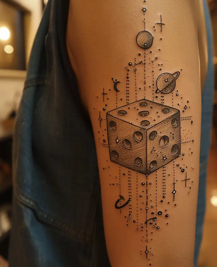 10. Astronomical Dice Tattoo Incorporating Celestial Elements 10 Creative Dice Tattoo Designs to Roll Out Your Luck in 2024