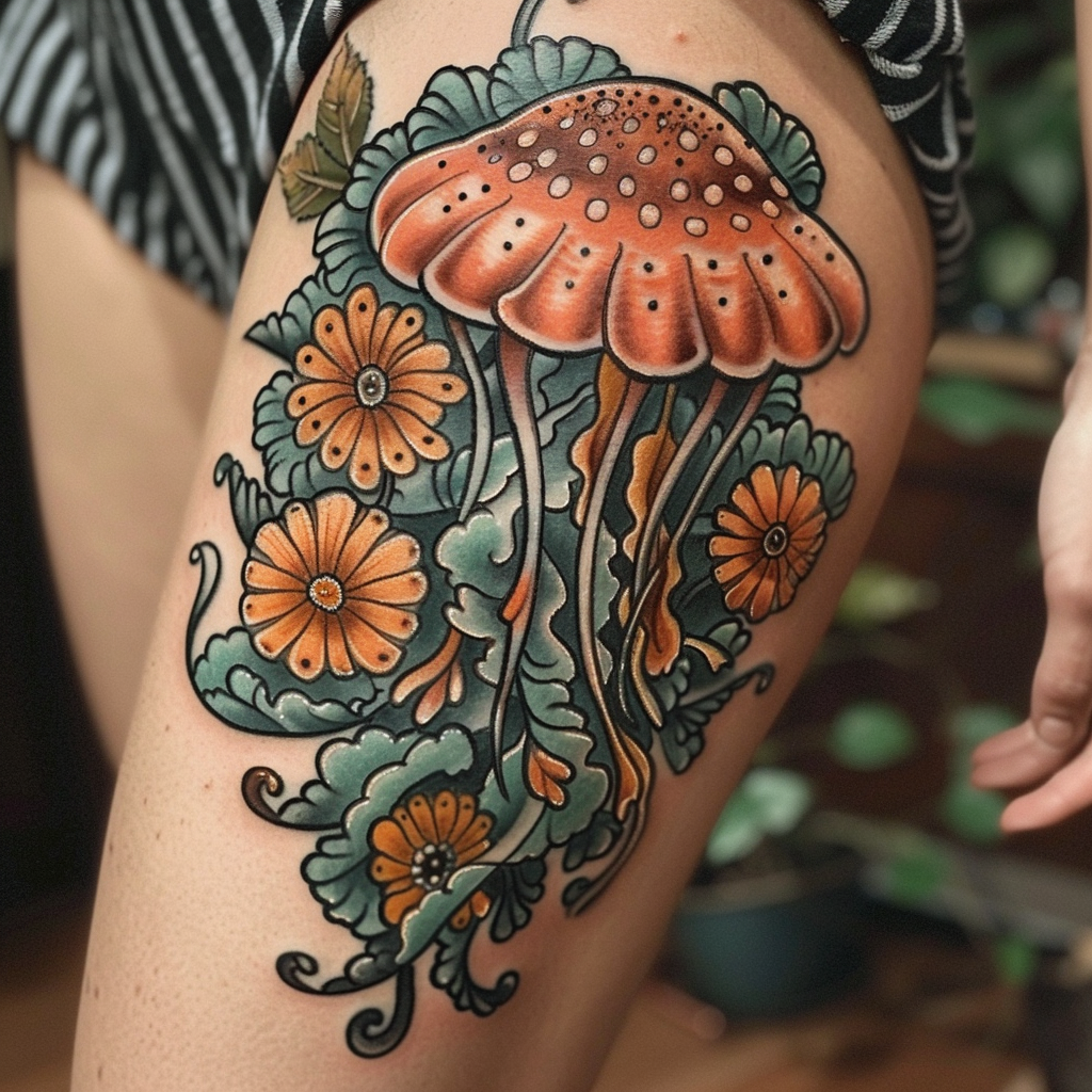 10. Neo Traditional Jellyfish Tattoos 1 10 Stunning Jellyfish Tattoo Designs to Electrify Your Look in 2024