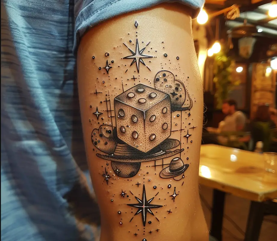 10.1 Astronomical Dice Tattoo Incorporating Celestial Elements 10 Creative Dice Tattoo Designs to Roll Out Your Luck in 2024