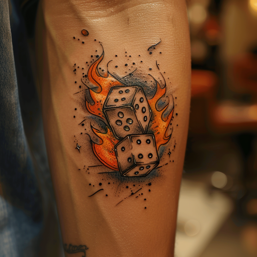 2. Flaming Dice Tattoo for a Touch of Danger 10 Creative Dice Tattoo Designs to Roll Out Your Luck in 2024