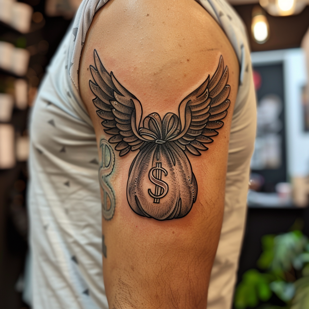 2. Incorporating wings into the money bag tattoo 5 Bold Money Bag Tattoo Designs to Showcase Your Financial Flair in 2024