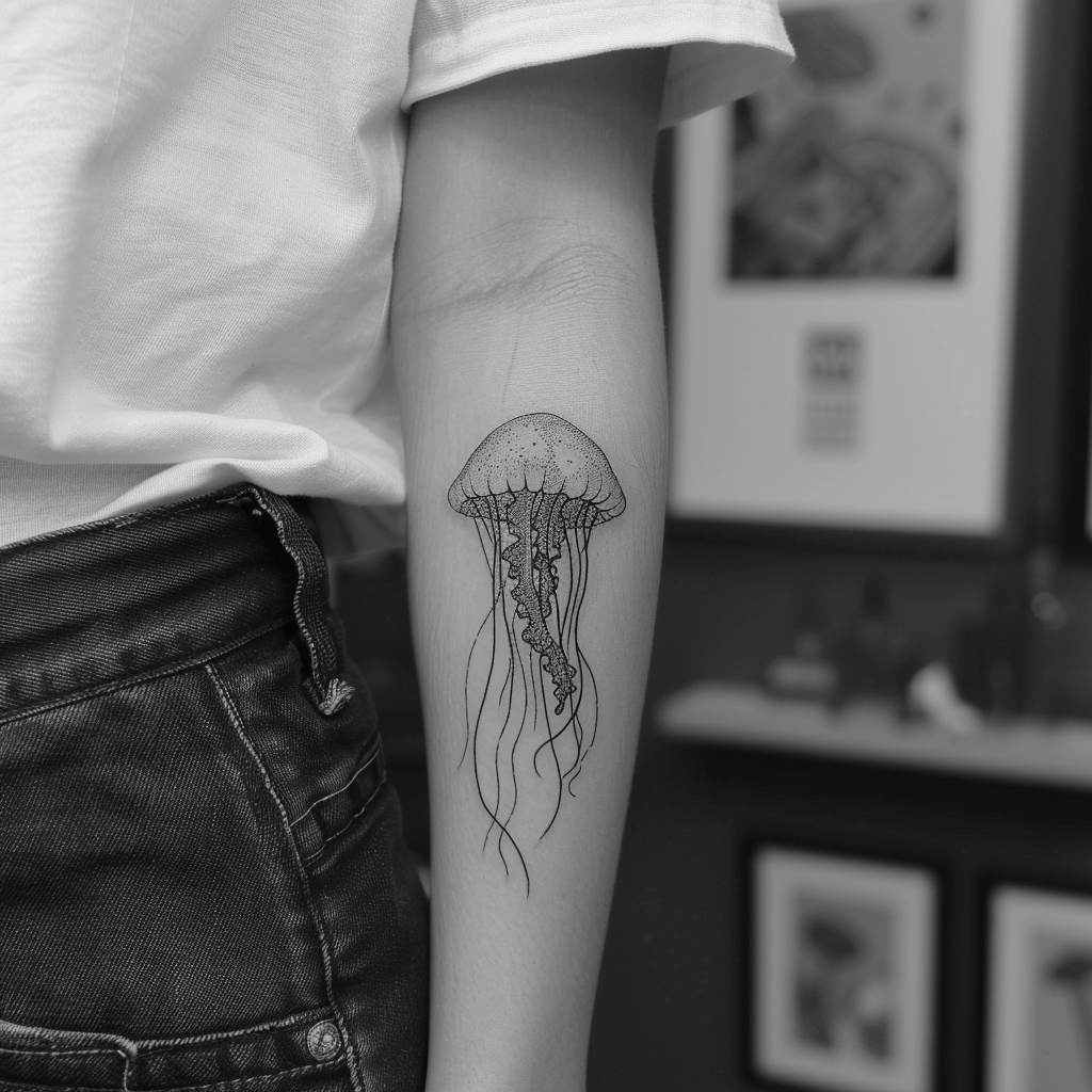 2. Minimalist Jellyfish Tattoos 1 10 Stunning Jellyfish Tattoo Designs to Electrify Your Look in 2024