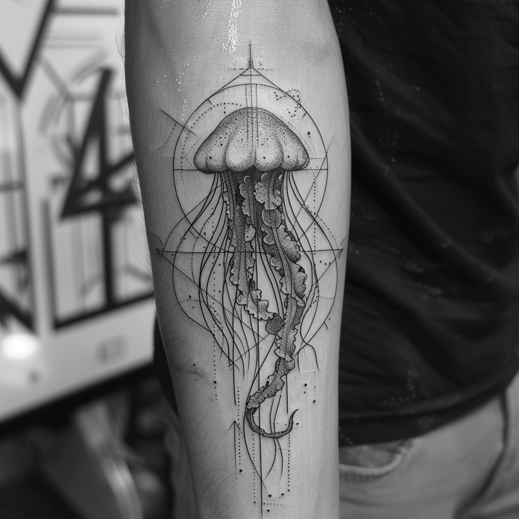3. Geometric Jellyfish Tattoos 1 10 Stunning Jellyfish Tattoo Designs to Electrify Your Look in 2024