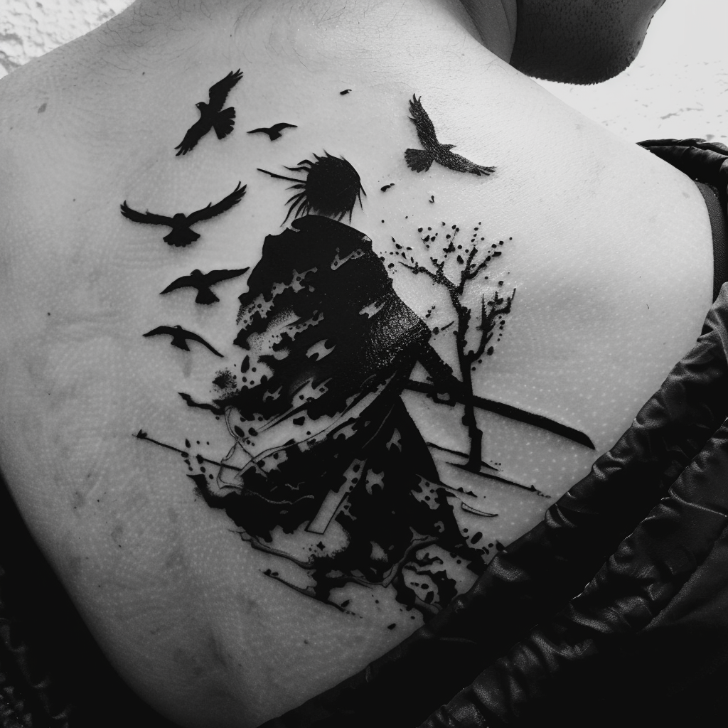 3. Itachis Silhouette with Crows Tattoo 10 Striking Itachi Tattoo Designs for Ultimate Naruto Fans
