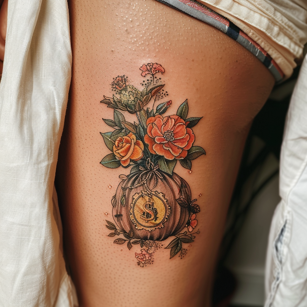4. The floral money bag tattoo 5 Bold Money Bag Tattoo Designs to Showcase Your Financial Flair in 2024