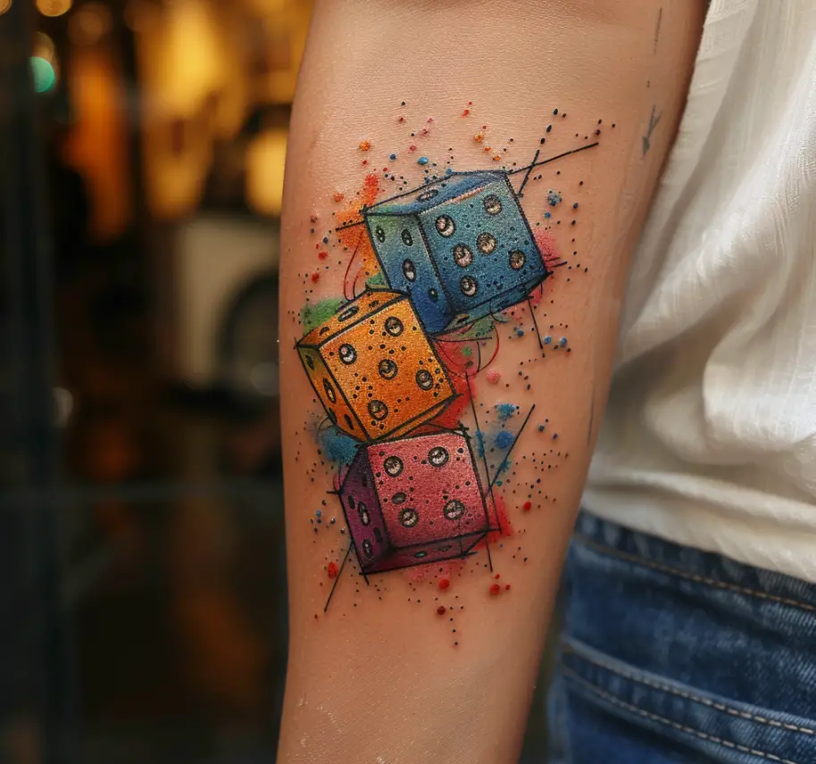 4.1 Colorful Dice Tattoo with Vibrant Hues 10 Creative Dice Tattoo Designs to Roll Out Your Luck in 2024