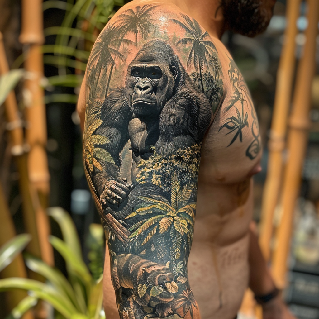 5. Gorilla in the Jungle Scene 10 Stunning Gorilla Tattoo Designs to Showcase Your Strength in 2024