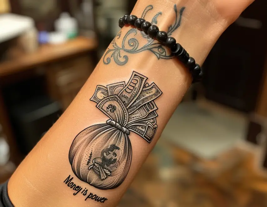 5. Money Bag and Quotes 5 Bold Money Bag Tattoo Designs to Showcase Your Financial Flair in 2024