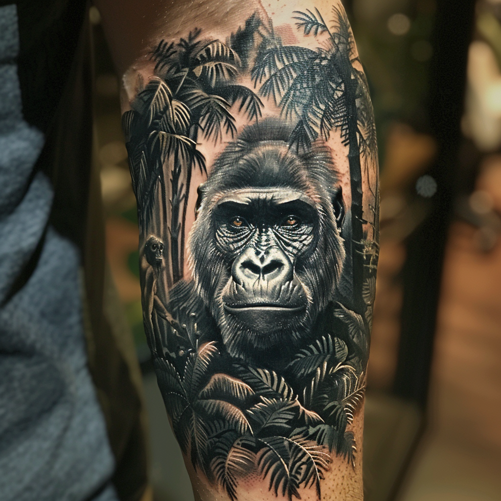 5.1 Gorilla in the Jungle Scene 10 Stunning Gorilla Tattoo Designs to Showcase Your Strength in 2024