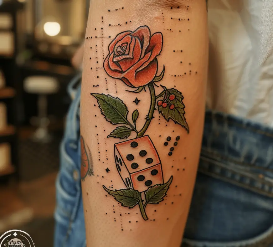 7. Rose and Dice Tattoo for a Blend of Luck and Love 10 Creative Dice Tattoo Designs to Roll Out Your Luck in 2024