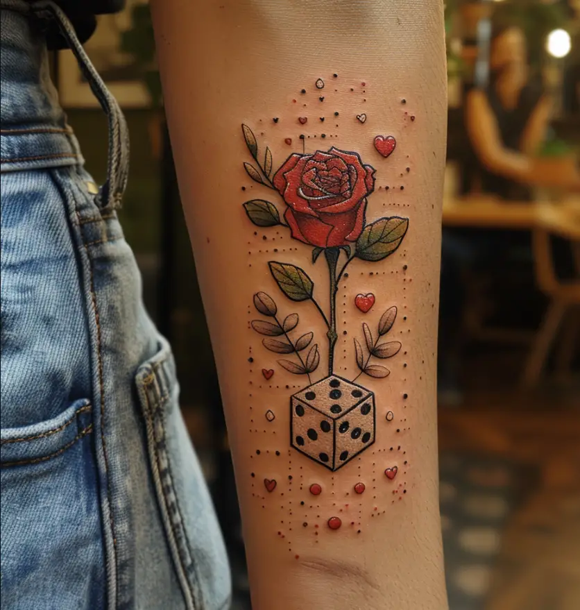 7.1 Rose and Dice Tattoo for a Blend of Luck and Love 10 Creative Dice Tattoo Designs to Roll Out Your Luck in 2024