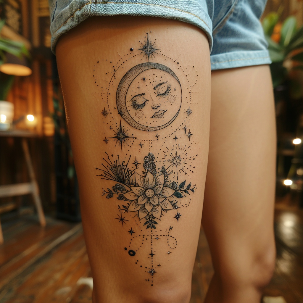 9. Celestial Bodies 10 Stunning Above Knee Tattoo Designs to Flaunt in 2024