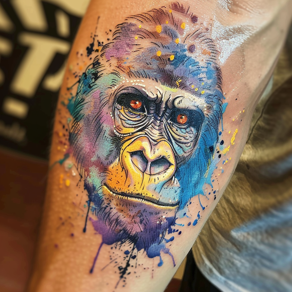 9. Colorful Gorilla Face in Watercolor Style 10 Stunning Gorilla Tattoo Designs to Showcase Your Strength in 2024
