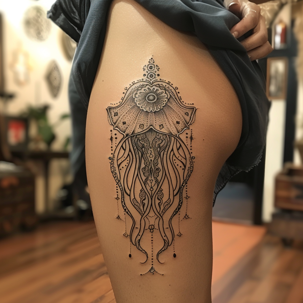 9. Tribal Jellyfish Tattoos 10 Stunning Jellyfish Tattoo Designs to Electrify Your Look in 2024
