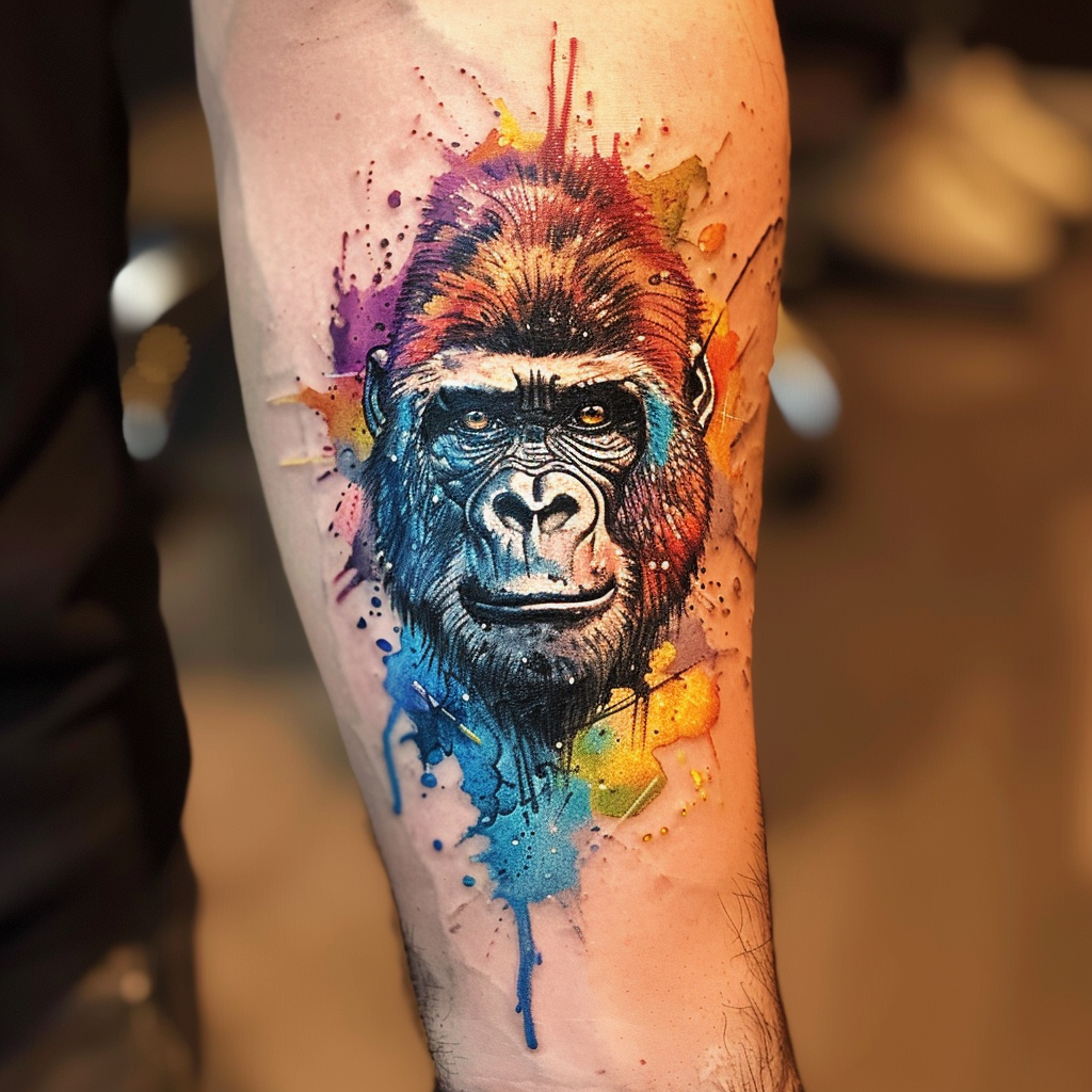 9.1 Colorful Gorilla Face in Watercolor Style 10 Stunning Gorilla Tattoo Designs to Showcase Your Strength in 2024