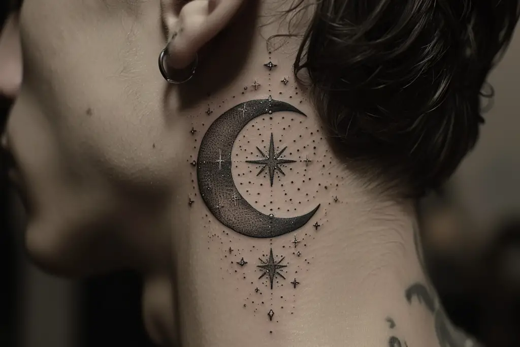 Celestial Bodies Stars and Planets 1 10 Trendy Behind the Ear Tattoos for Men in 2024: Unleash Your Style