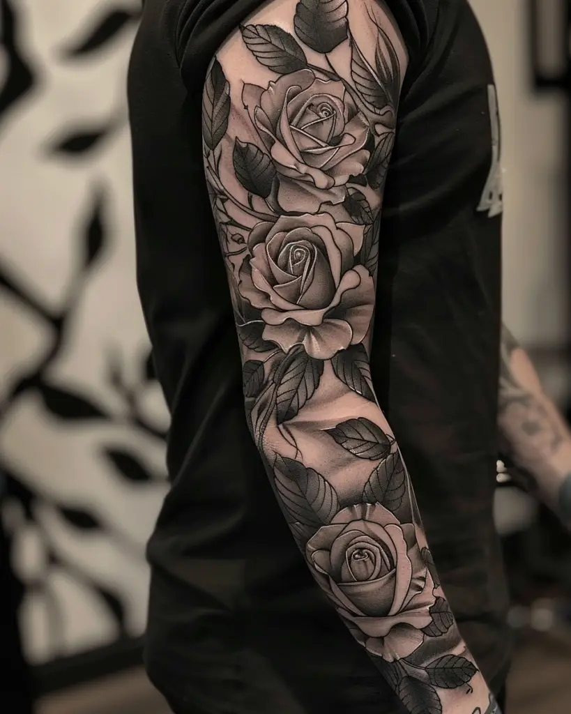 Design 5 Black Rose Sleeve 5 Stunning Black Rose Tattoo Designs for a Bold Statement in 2024