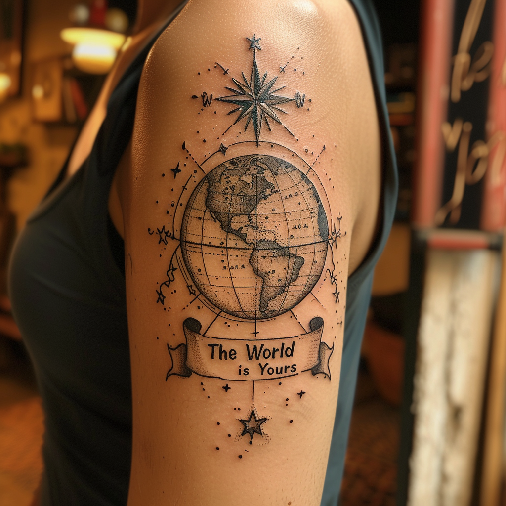 1 Classic Globe with Banner 5 Bold "The World Is Yours" Tattoo Designs to Inspire Your Next Ink in 2024