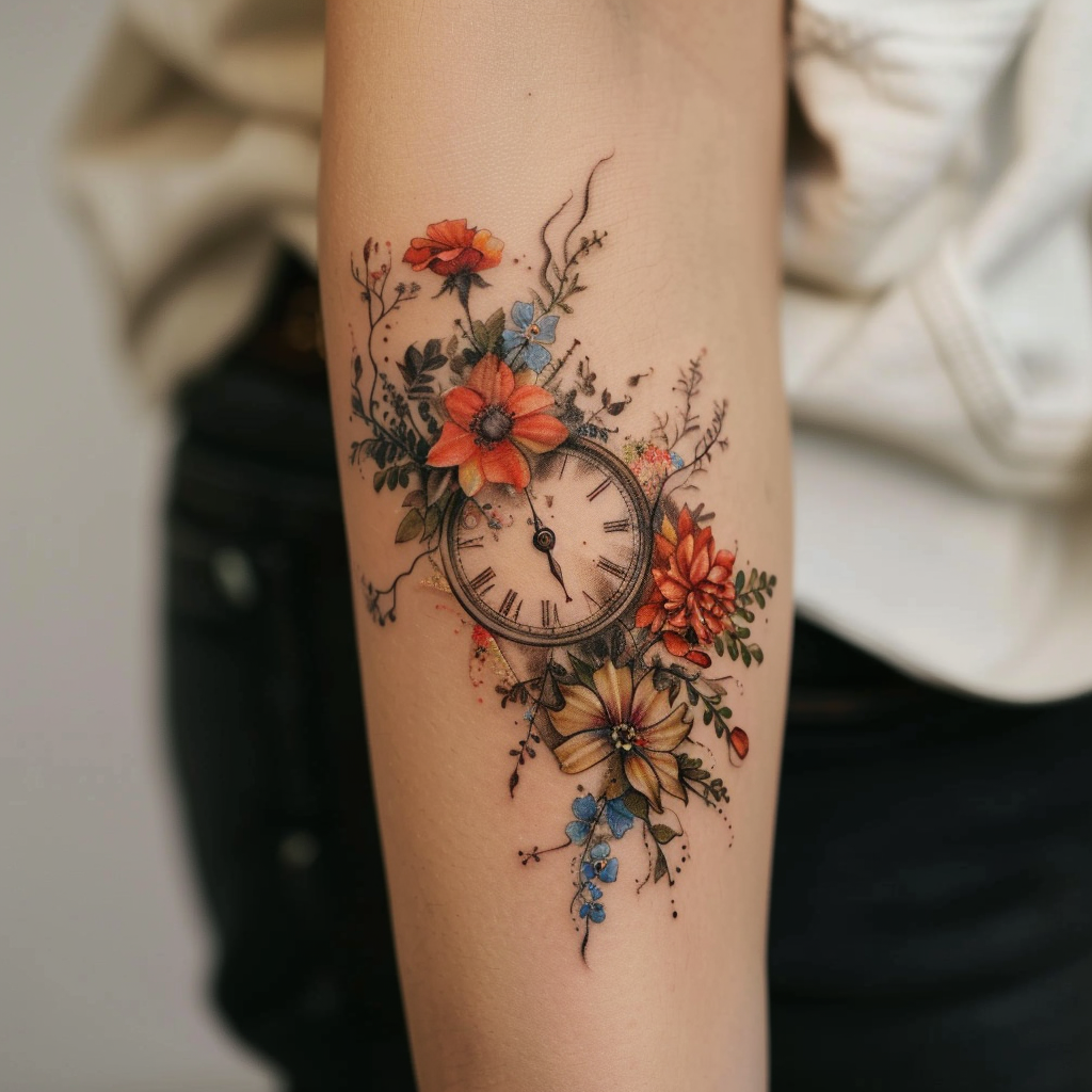 2. Floral Embellished Clock Faces for a Touch of Nature 1 5 Stunning Birth Clock Tattoo Designs to Celebrate Life's Moments in 2024