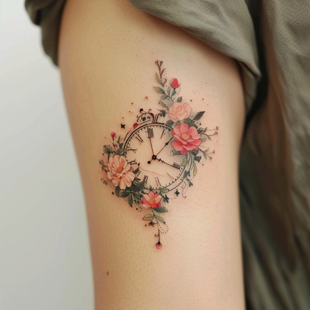 2. Floral Embellished Clock Faces for a Touch of Nature 3 5 Stunning Birth Clock Tattoo Designs to Celebrate Life's Moments in 2024