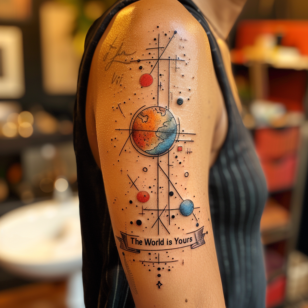 4. Abstract Earth with Script 5 Bold "The World Is Yours" Tattoo Designs to Inspire Your Next Ink in 2024