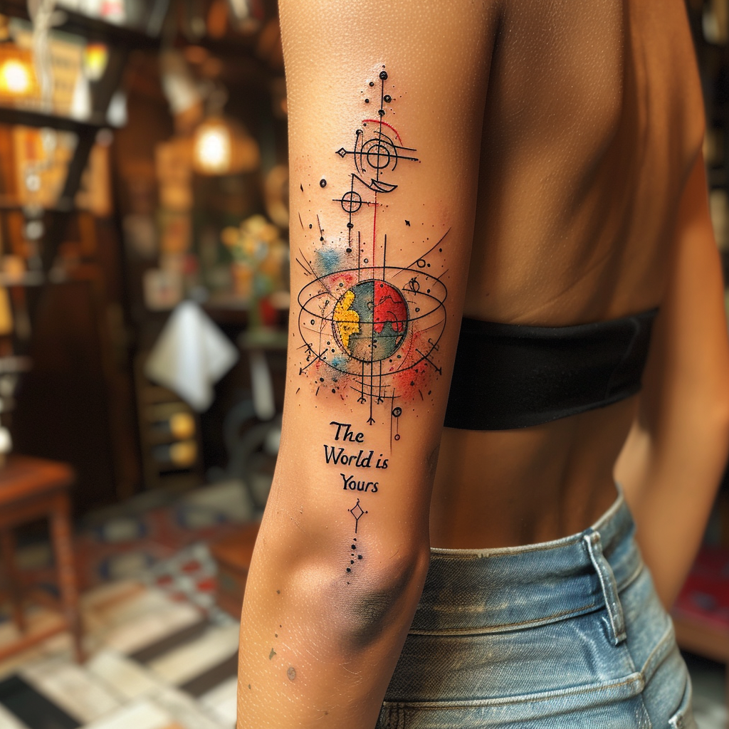 4.1 Abstract Earth with Script 1 1 5 Bold "The World Is Yours" Tattoo Designs to Inspire Your Next Ink in 2024